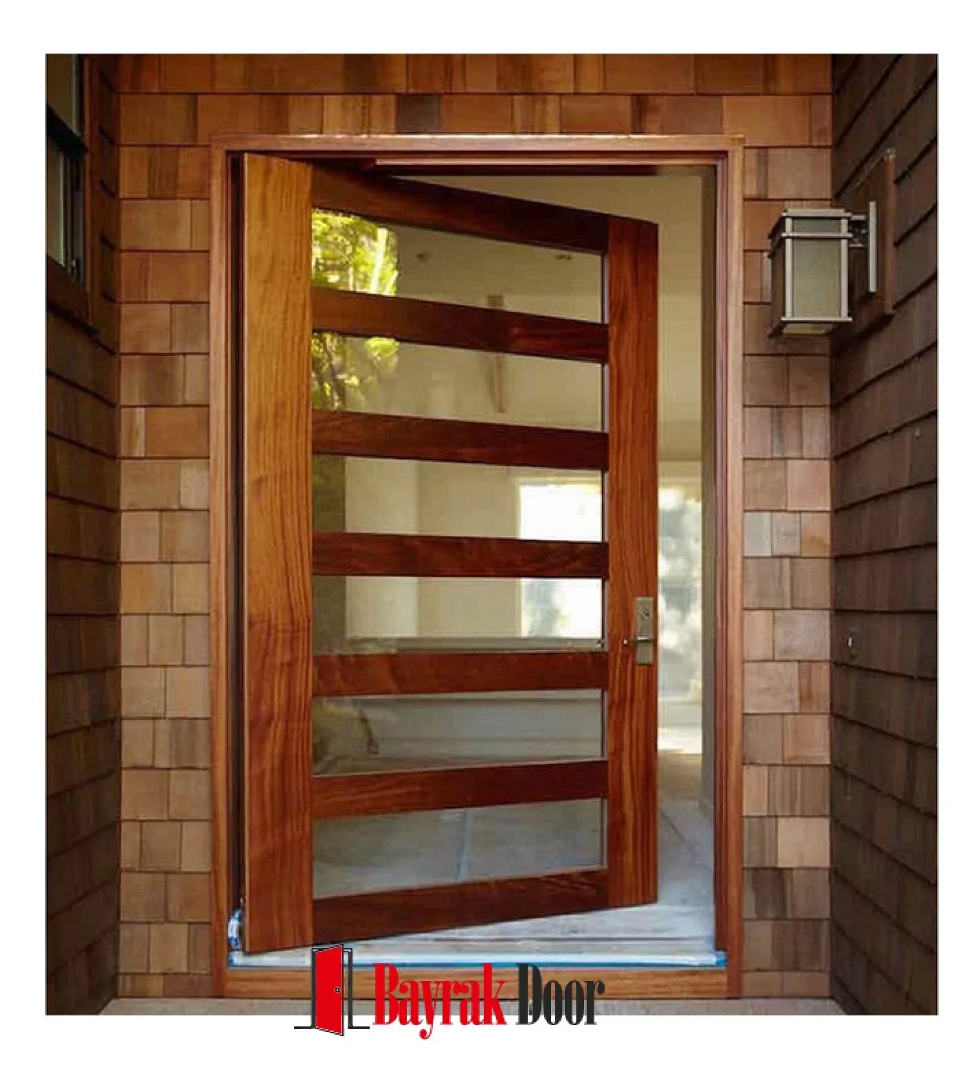 Wood Slat Red Pivot Steel Door TR327 — Red wood pivot with wooden slats and glass strips arranged in alternation