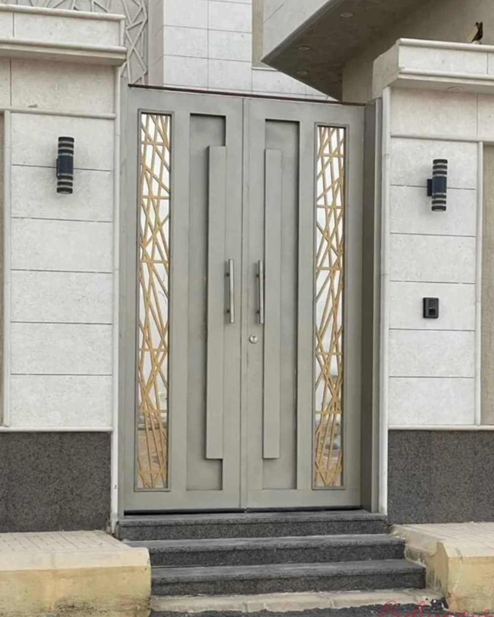 Beige Double-Leaf Pivot Door with Wrought Iron Grille — product code BY-56