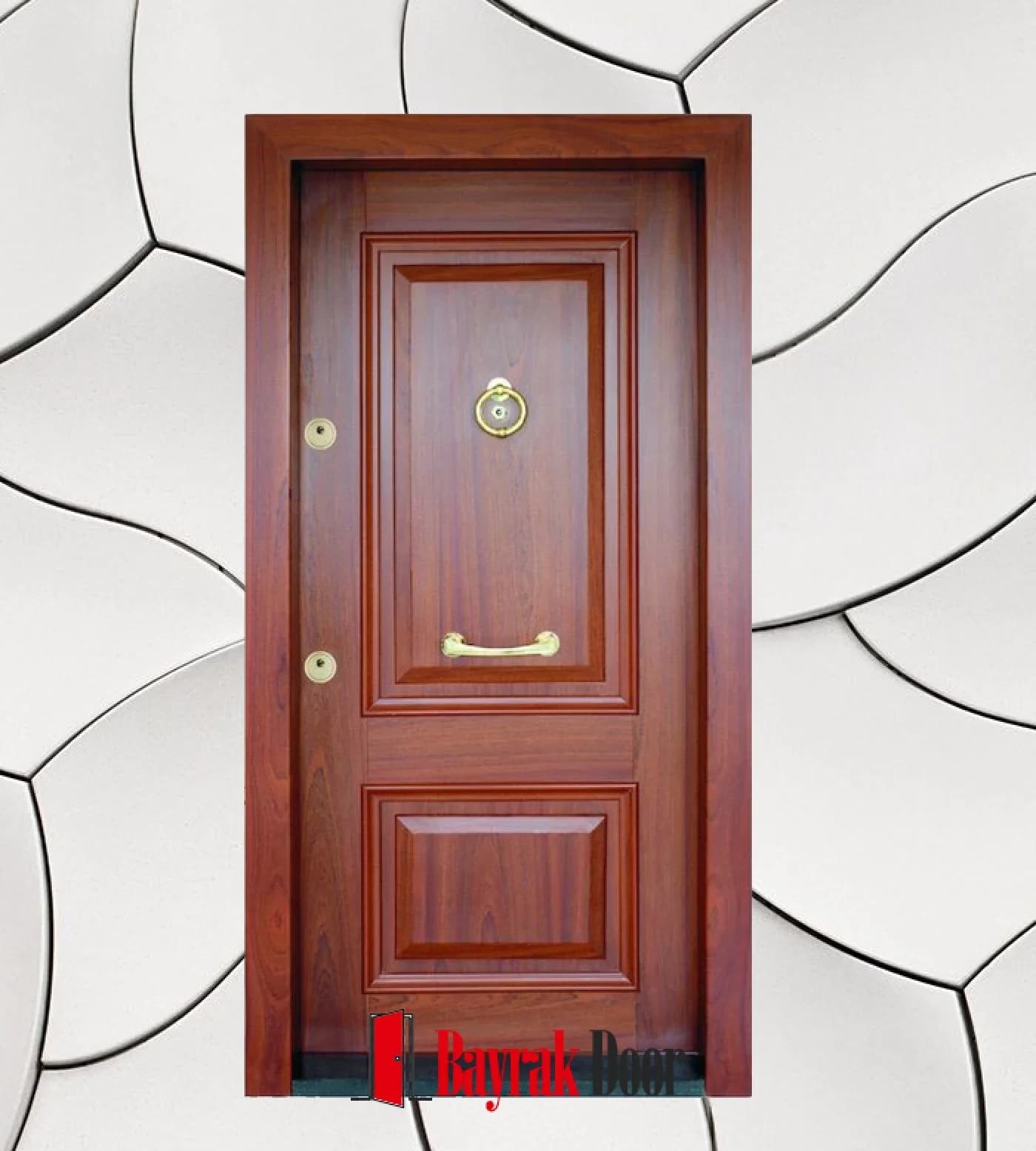 İki Bölmeli Kaset Panelli Kızıl Ceviz Çelik Kapı C-TR722 — Kızıl ceviz gövdede iki bölmeli kaset panel ve altın aksesuar