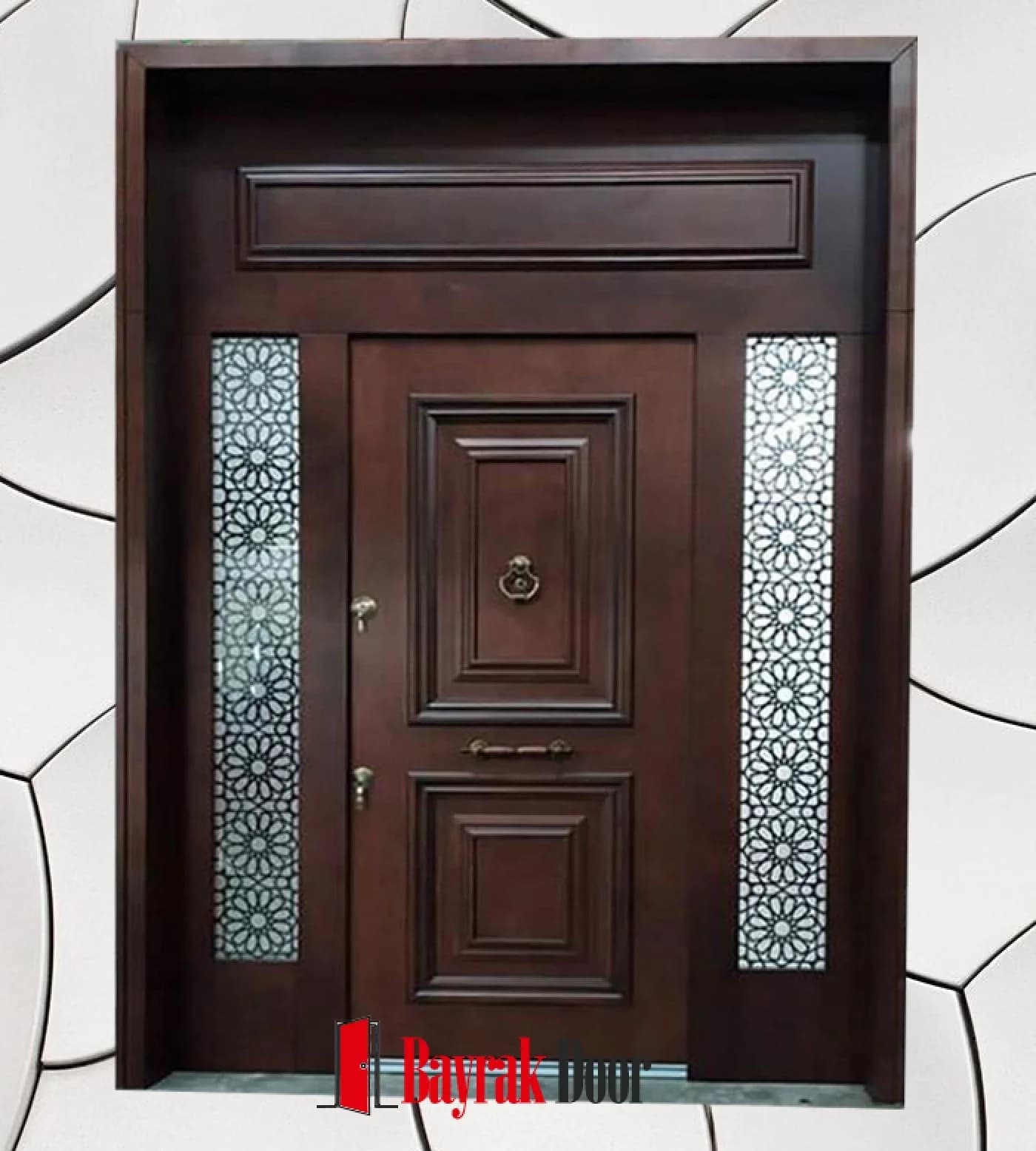 İki Bölmeli Kaset Panelli Koyu Ceviz Villa Kapısı BD-TR64 — Koyu ceviz kaset panel, yanlarda çiçek rozetli buzlu cam