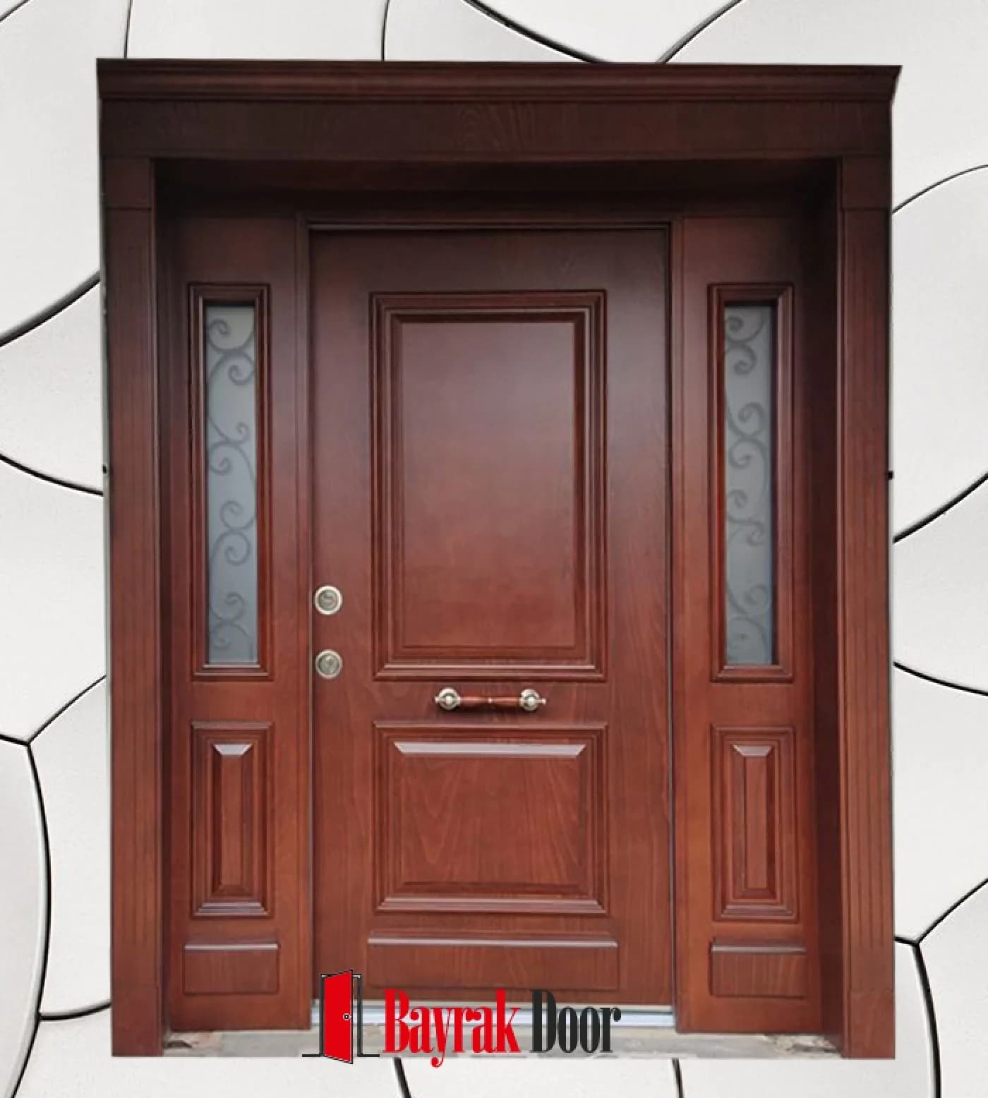 Kaset Panelli Kızıl Ceviz Villa Kapısı BD-TR47 — Kızıl ceviz kaset panel, yanlarda ferforje desenli buzlu camlar