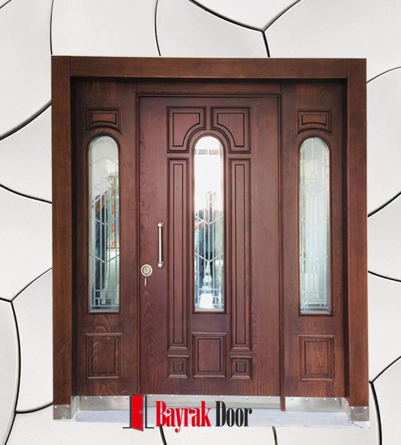 Klasik Oyma Koyu Ceviz Villa Kapısı BD-TR38 — Kemerli bölmeli vitray camlar ve oyma çerçevelerle işlenmiş koyu ceviz çift