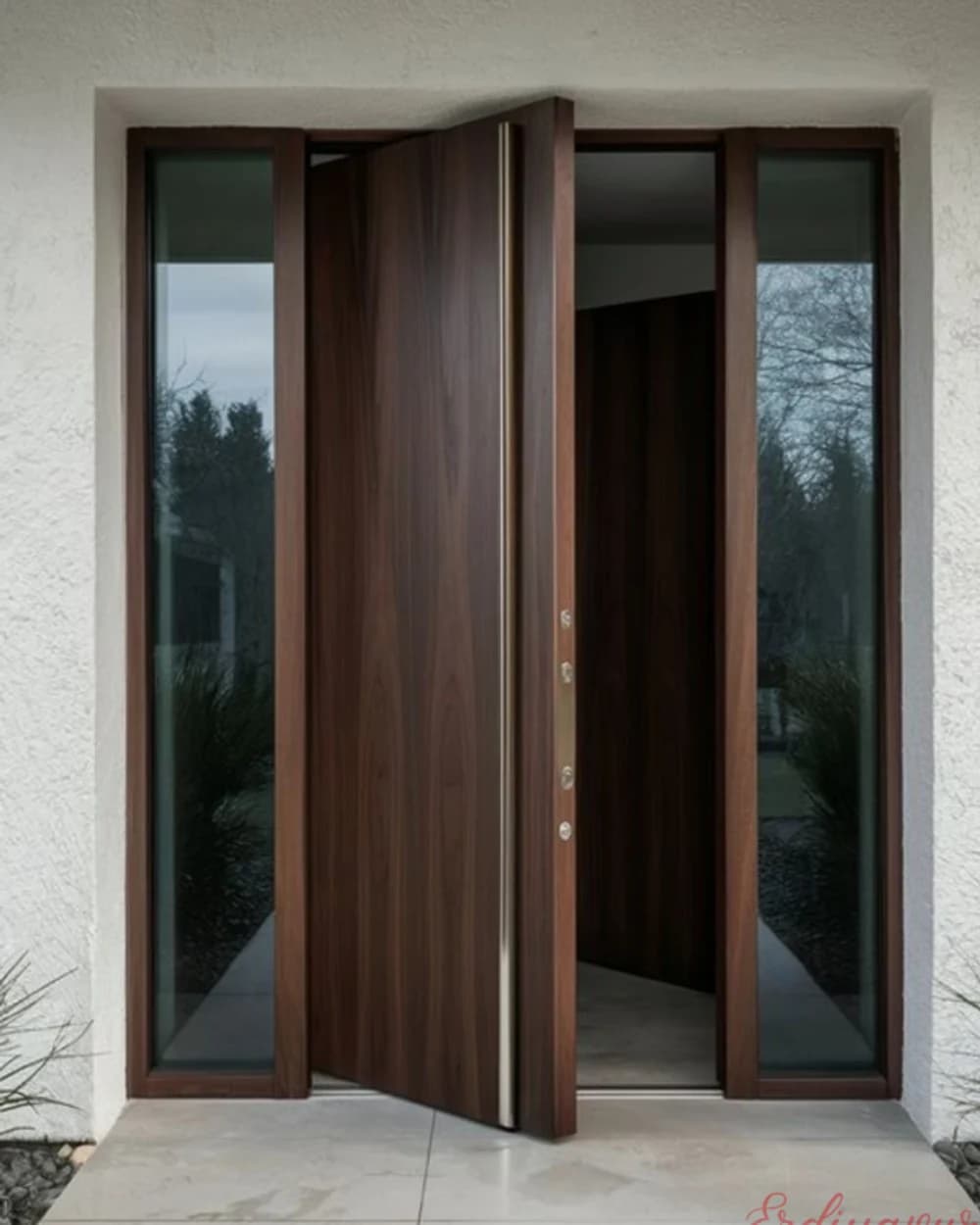 Camlı Yan Panelli Ceviz Pivot Villa Kapısı — ürün kodu BY-23