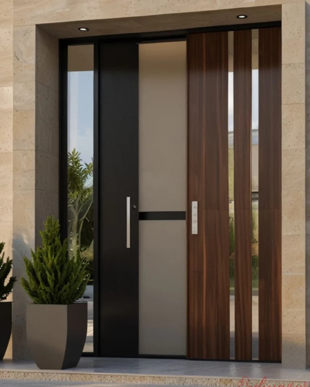 Çift Cam Şeritli Ceviz Pivot Villa Kapısı — ürün kodu BY-46
