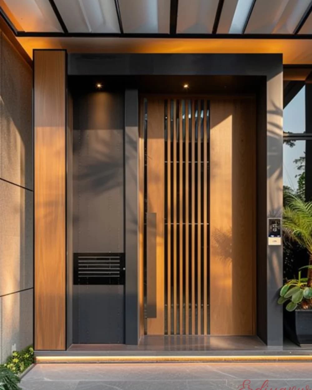Dikey Çıtalı Bronz Ahşap Pivot Villa Kapısı — ürün kodu BY-32