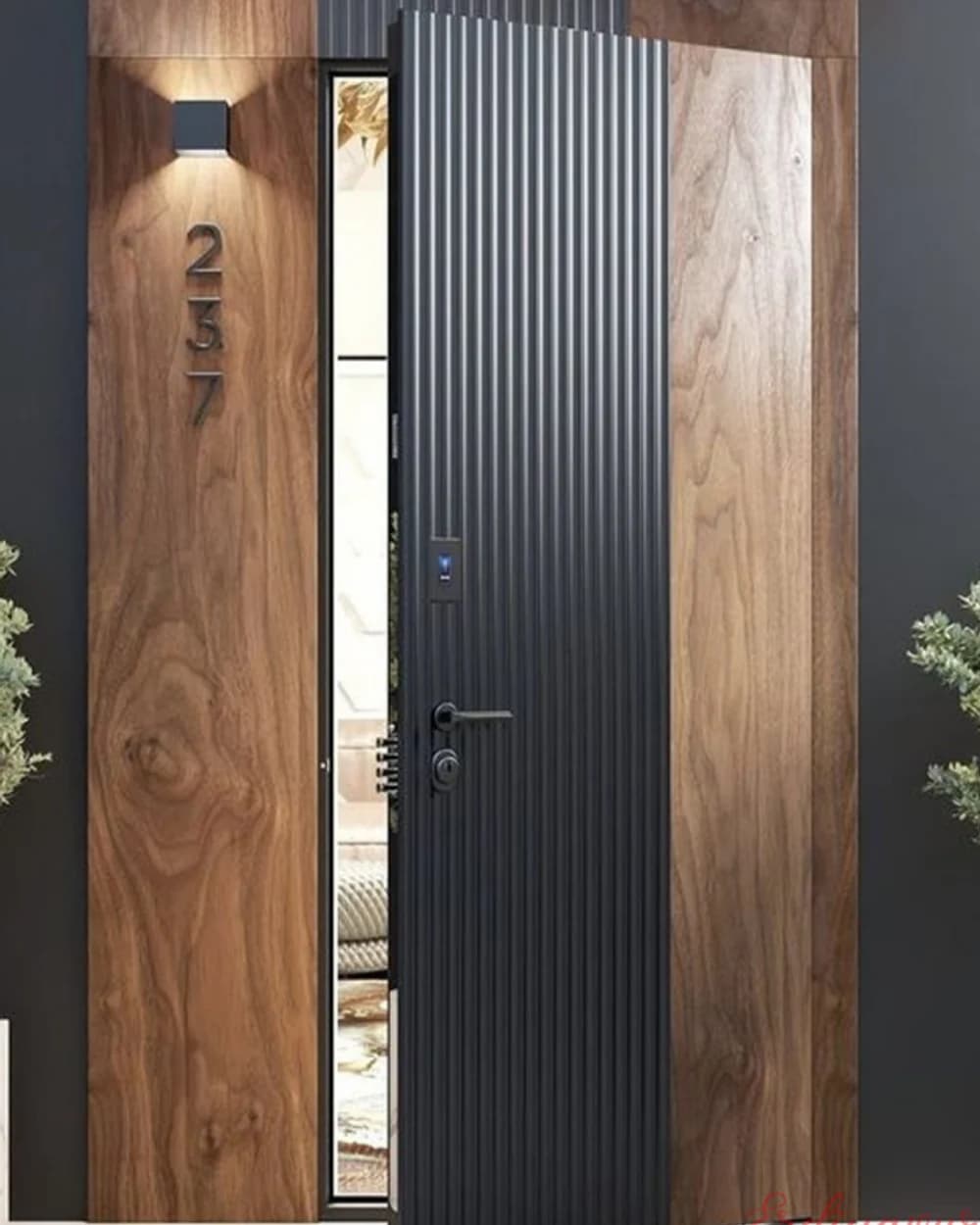 Dikey Çıtalı Ceviz Cam Şeritli Pivot Villa Kapısı — ürün kodu BY-130