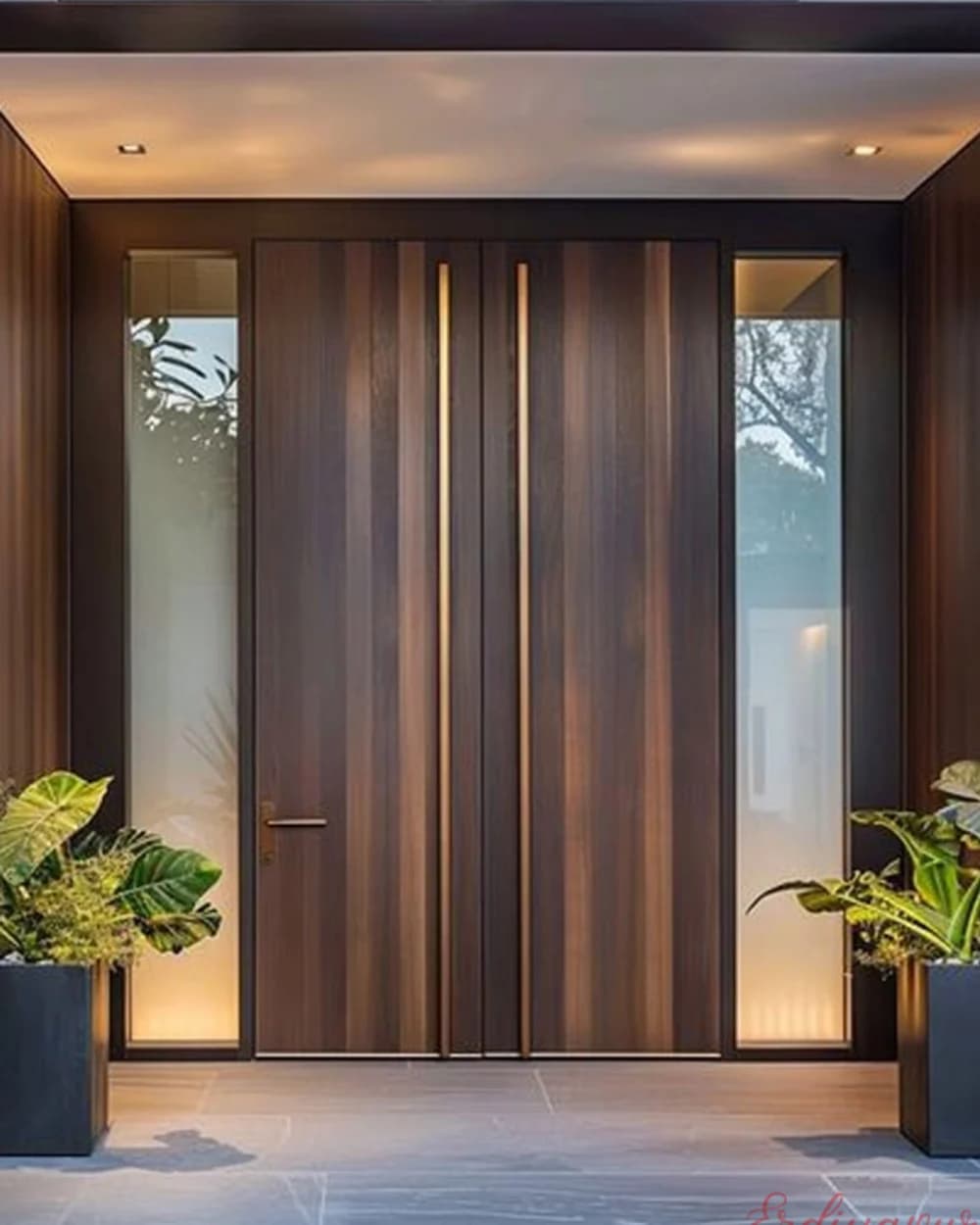 Dikey Çıtalı Ceviz Yan Camlı Pivot Villa Kapısı — ürün kodu BY-154