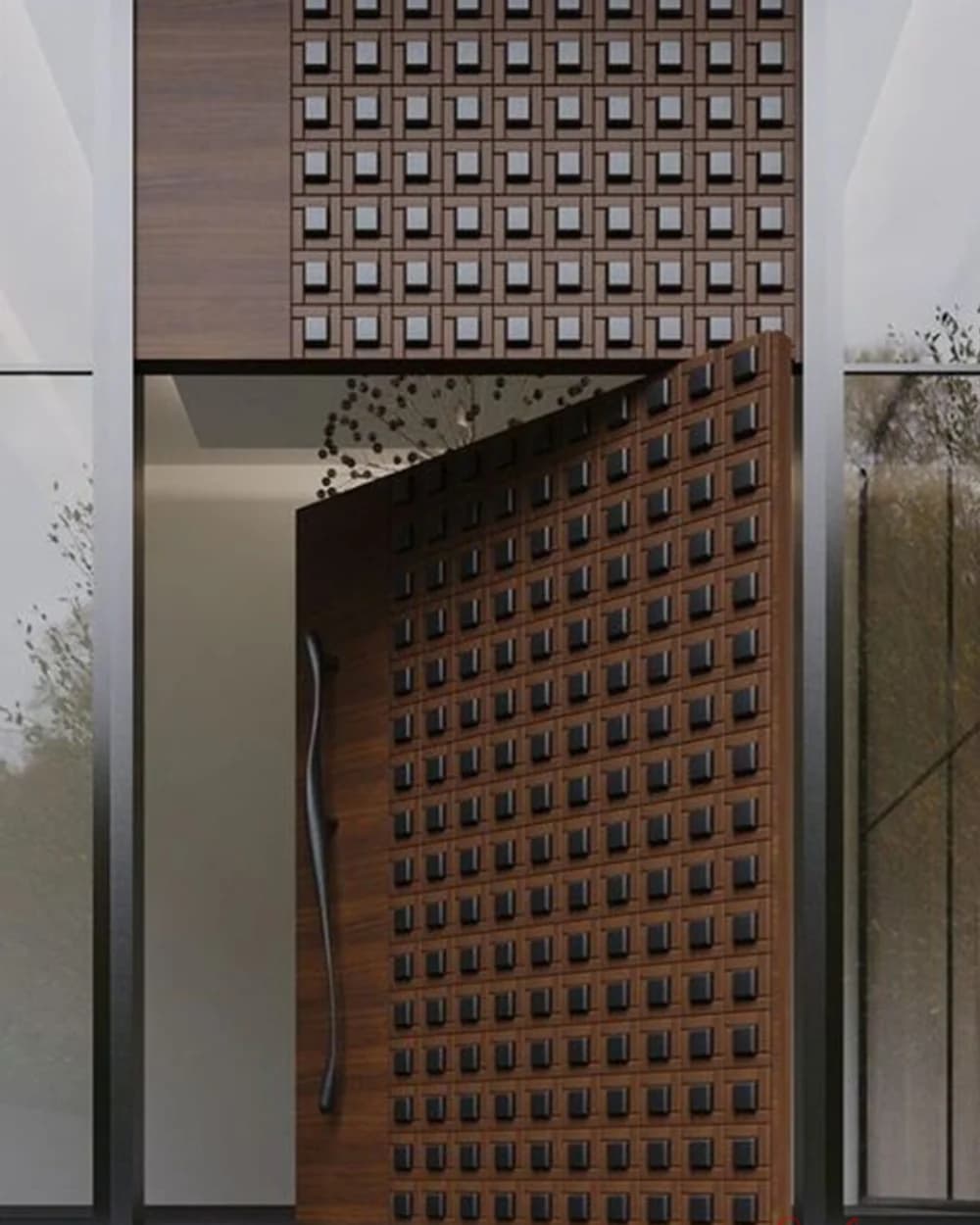 Kafes Dokulu Bronz Ahşap Pivot Villa Kapısı — ürün kodu BY-119