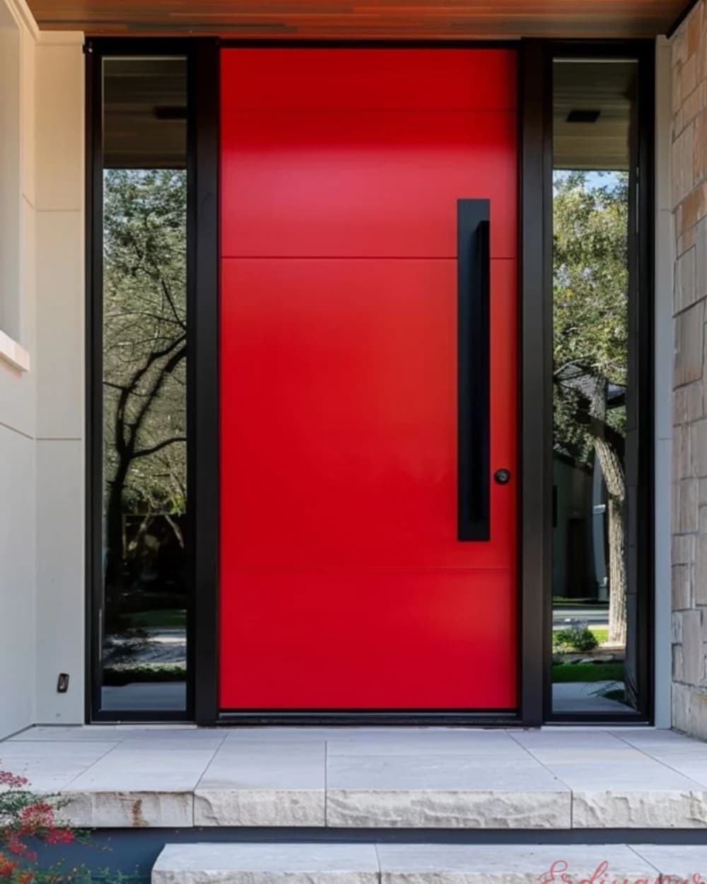 Kırmızı Yan Camlı Modern Pivot Villa Kapısı — ürün kodu BY-100