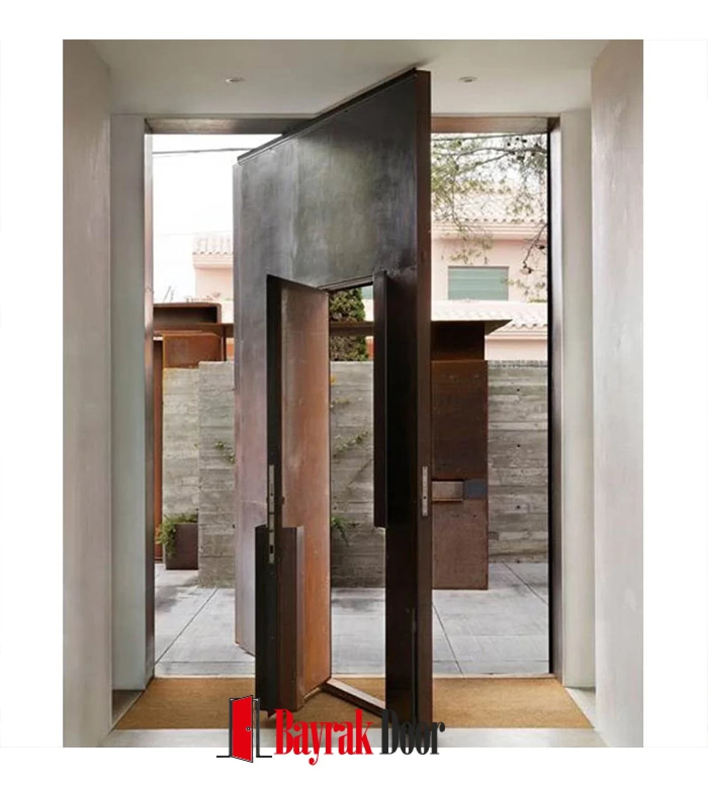 Sade Corten Bronz Metal Pivot Çelik Kapı TR343