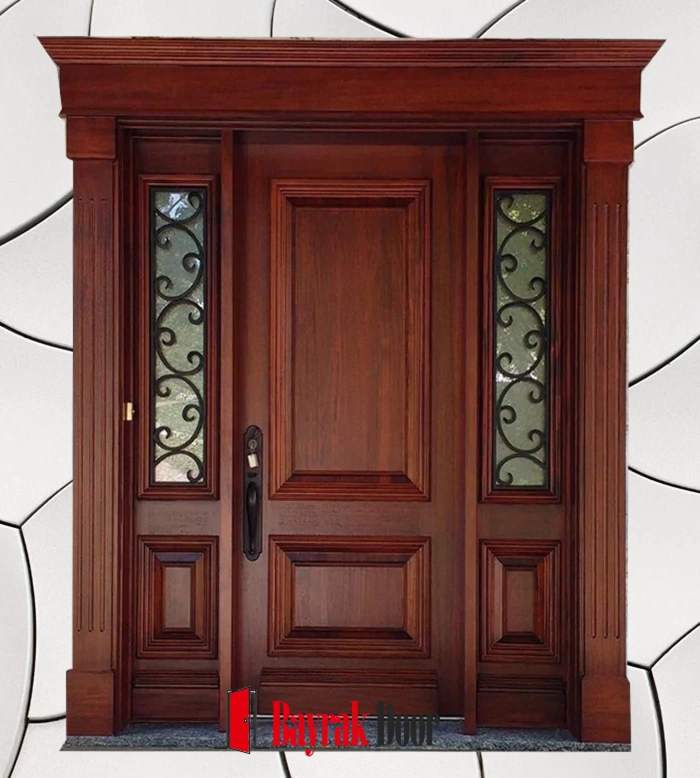 Üç Bölmeli Kaset Panelli Kızıl Ceviz Villa Kapısı BD-TR56 — Kızıl ceviz üç bölmeli kaset panel, yanlarda ferforje işlemeli