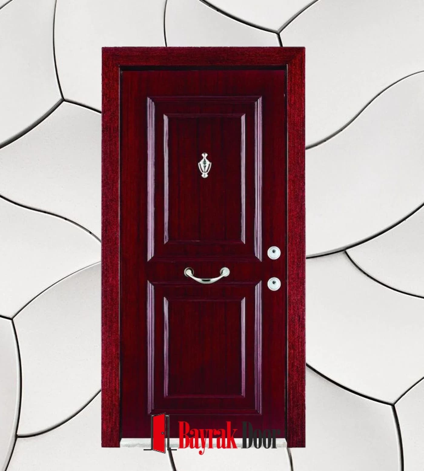 Üç Bölmeli Kaset Panelli Parlak Vişne Kırmızısı Çelik Kapı C-TR724 — Parlak vişne kırmızısı yüzeyde üç bölmeli kaset panel