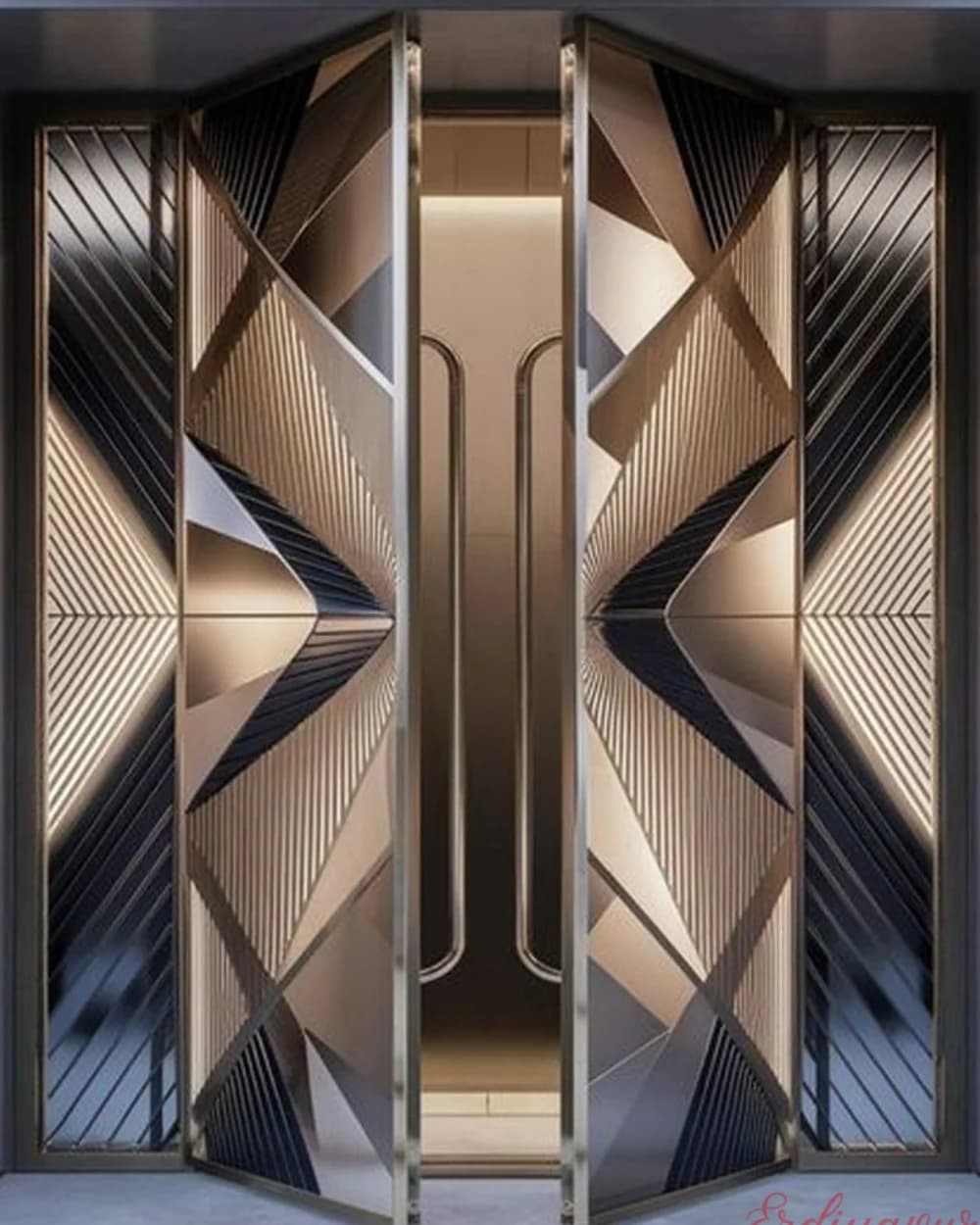 Zweiflügelige Bronze-Pivot-Tür mit 3D-Geometriemuster BY-281 Zweiflügelige Bronze-Pivot-Tür mit 3D-Geometriemuster BY-281 — Produktcode BY-281