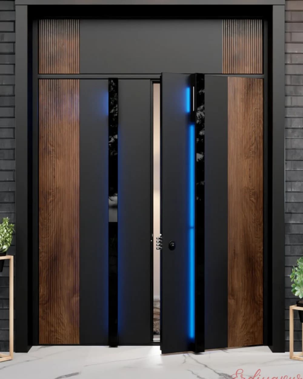 Zweiflügelige Pivot-Tür Nussbaum mit blauer Beleuchtung BY-61 Zweiflügelige Pivot-Tür Nussbaum mit blauer Beleuchtung BY-61 — Produktcode BY-61