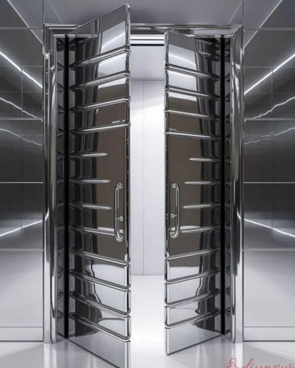 Zweiflügelige verspiegelte Pivot-Tür mit Chromstreifen BY-291 Zweiflügelige verspiegelte Pivot-Tür mit Chromstreifen BY-291 — Produktcode BY-291