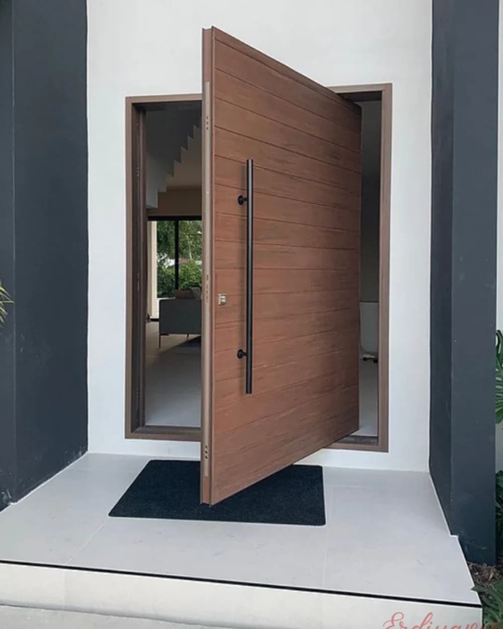 Clean-Lined Walnut Long Chrome-Handle Pivot Door BY-104 Plain Walnut Pivot Door with Long Chrome Handle — product code BY-104