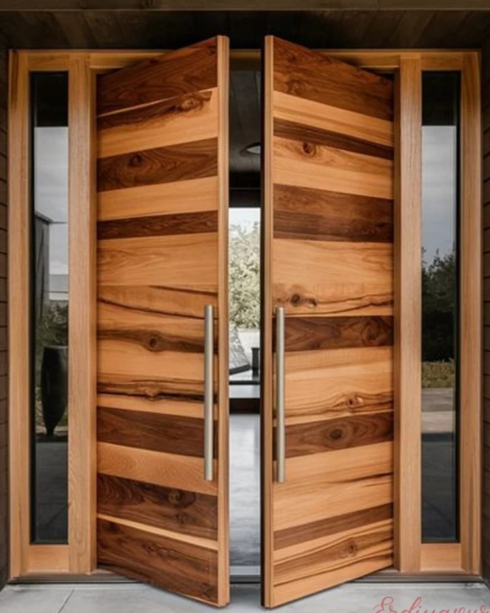 Horizontal-Grain Yellow Wood Double-Leaf Pivot Door BY-319 Golden Wood Double Leaf Pivot Door with Horizontal Grain — product code BY-319