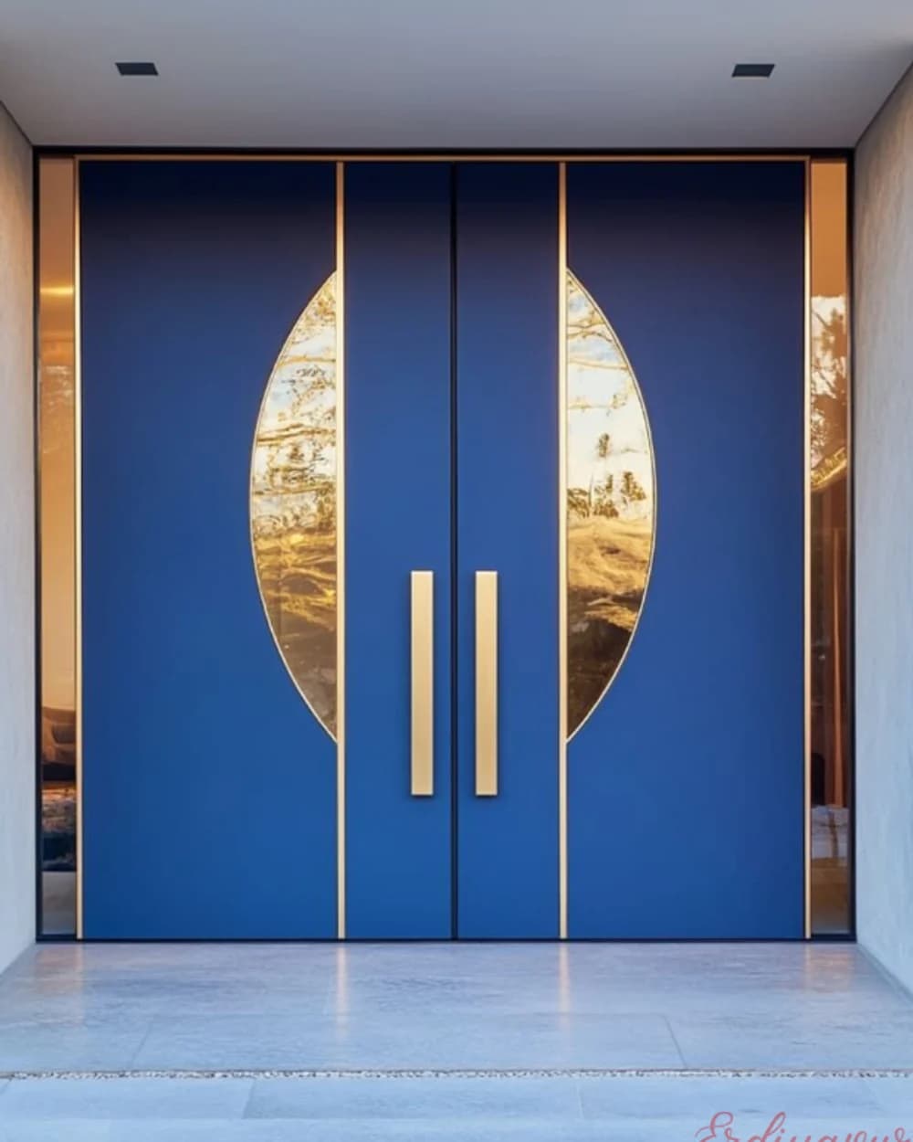 Navy Blue Double-Leaf Pivot Door with Gold Circle Detail BY-66 Navy Blue Double-Leaf Pivot Door with Gold Circle Detailing — product code BY-66