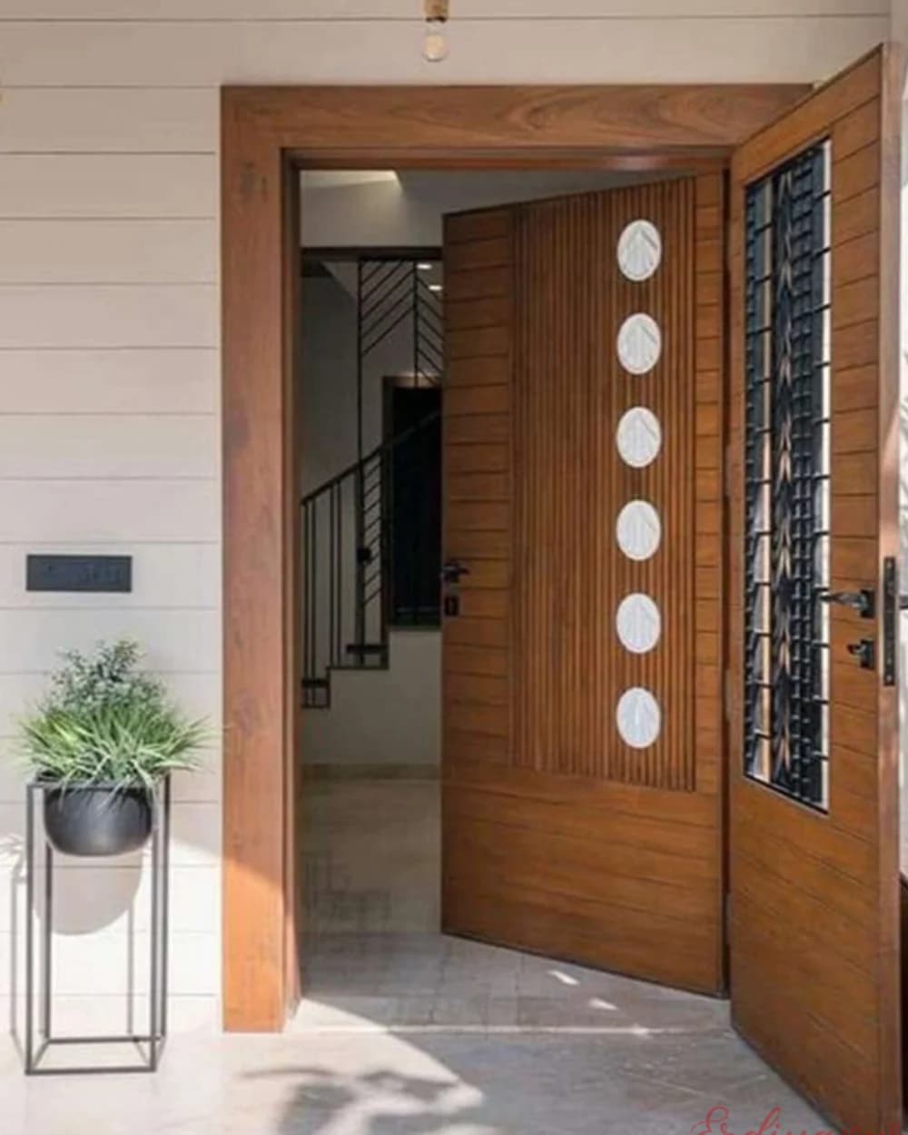 Round-Glass-Porthole Honey-Toned Pivot Door BY-196 Honey-Toned Pivot Door with Round Glass Porthole — product code BY-196