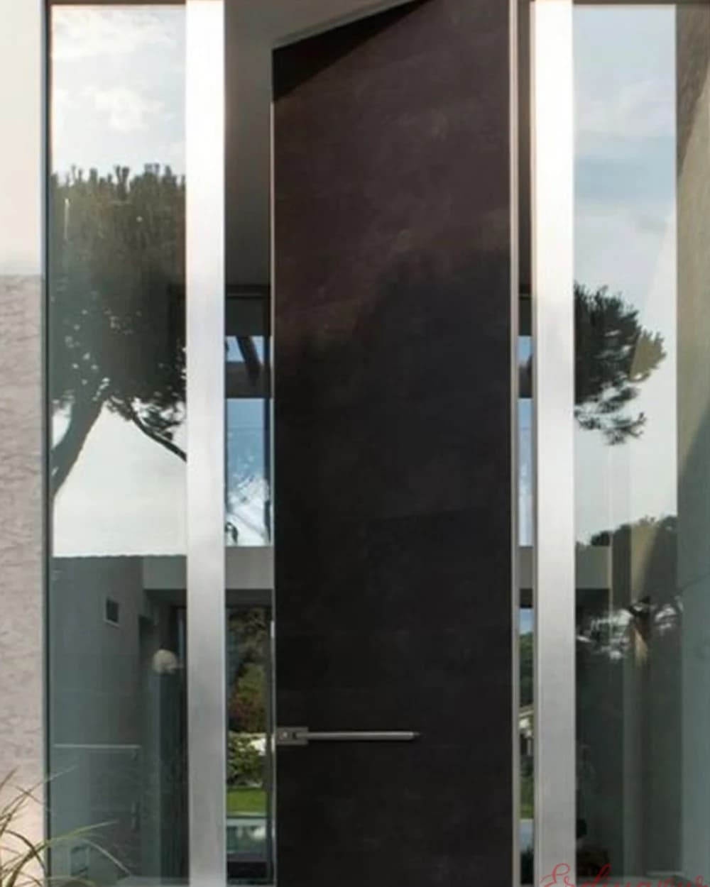 Side-Glazed Dark Walnut Minimalist Pivot Door BY-189 Minimal Dark Walnut Pivot Door with Sidelight — product code BY-189