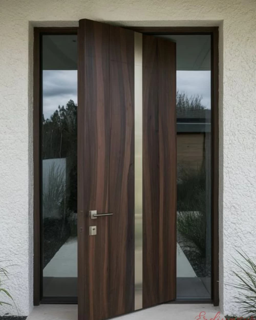 Side-Glazed Walnut Vertical-Grain Pivot Door BY-24 Vertical Grain Walnut Pivot Door with Sidelight — product code BY-24