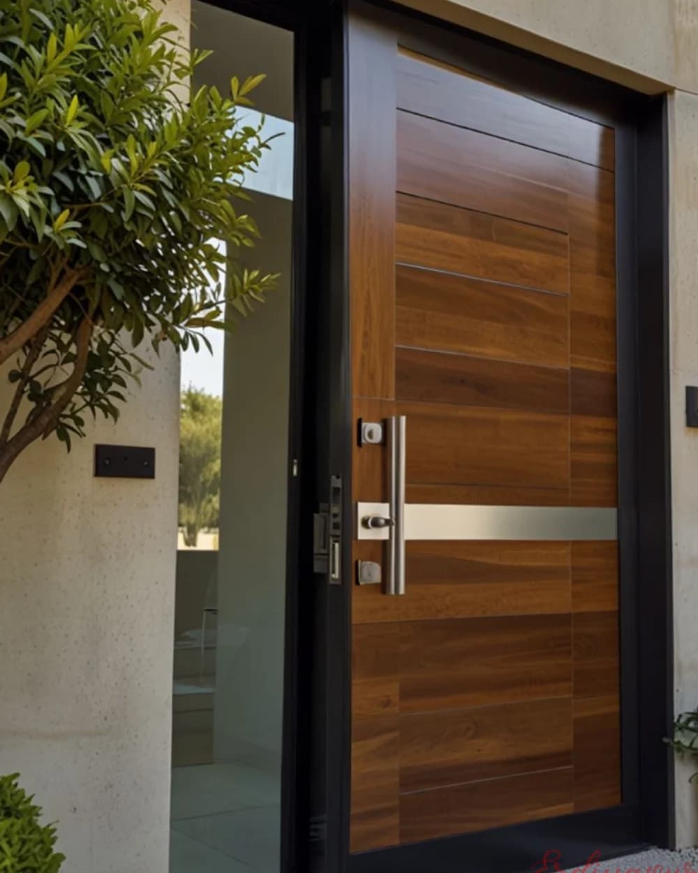 Vertical Grained Walnut Handle-Panel Pivot Door BY-22 Vertical Grain Walnut Pivot Door with Handle Panel — product code BY-22
