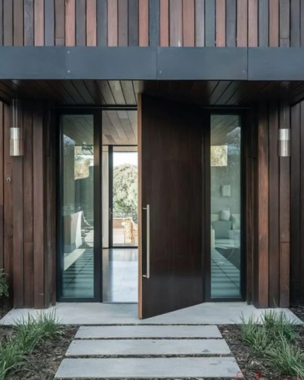 Vertical Slatted Walnut Twin Glass Panel Pivot Door BY-190 Walnut Pivot Door with Vertical Slats and Two Glass Panels — product code BY-190