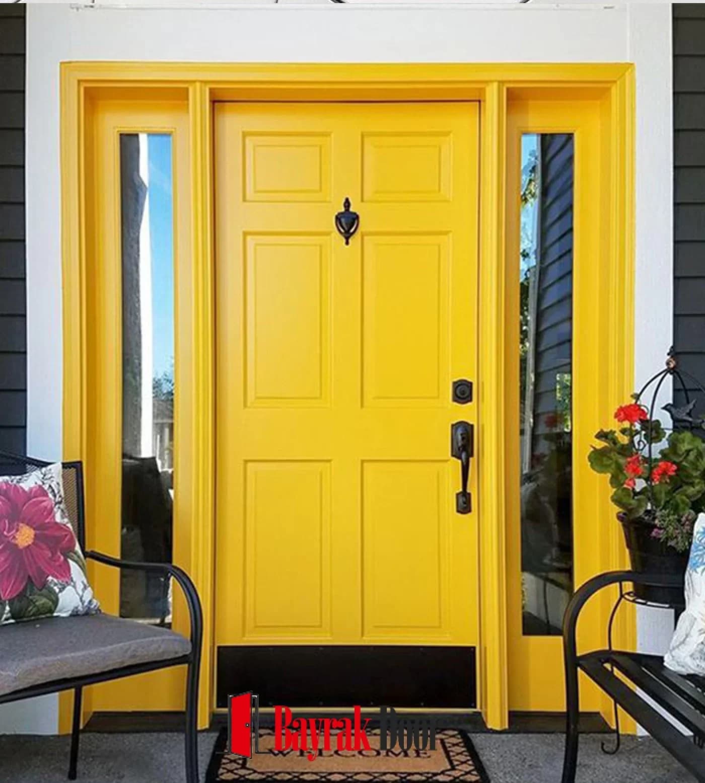 Vivid Yellow Six-Panel Villa Door BD-TR40 Six-Panel Vivid Yellow Villa Door BD-TR40 — Vivid yellow six-section panels set off by a black knocker and handle