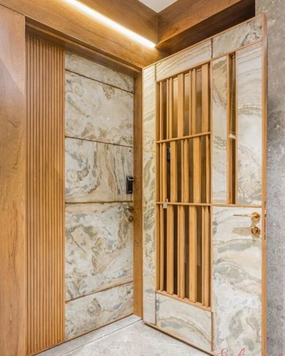 Yellow Wood Pivot Door for Marble-Clad Entrances BY-197 Yellow Wood Pivot Door on a Marble-Clad Entrance — product code BY-197