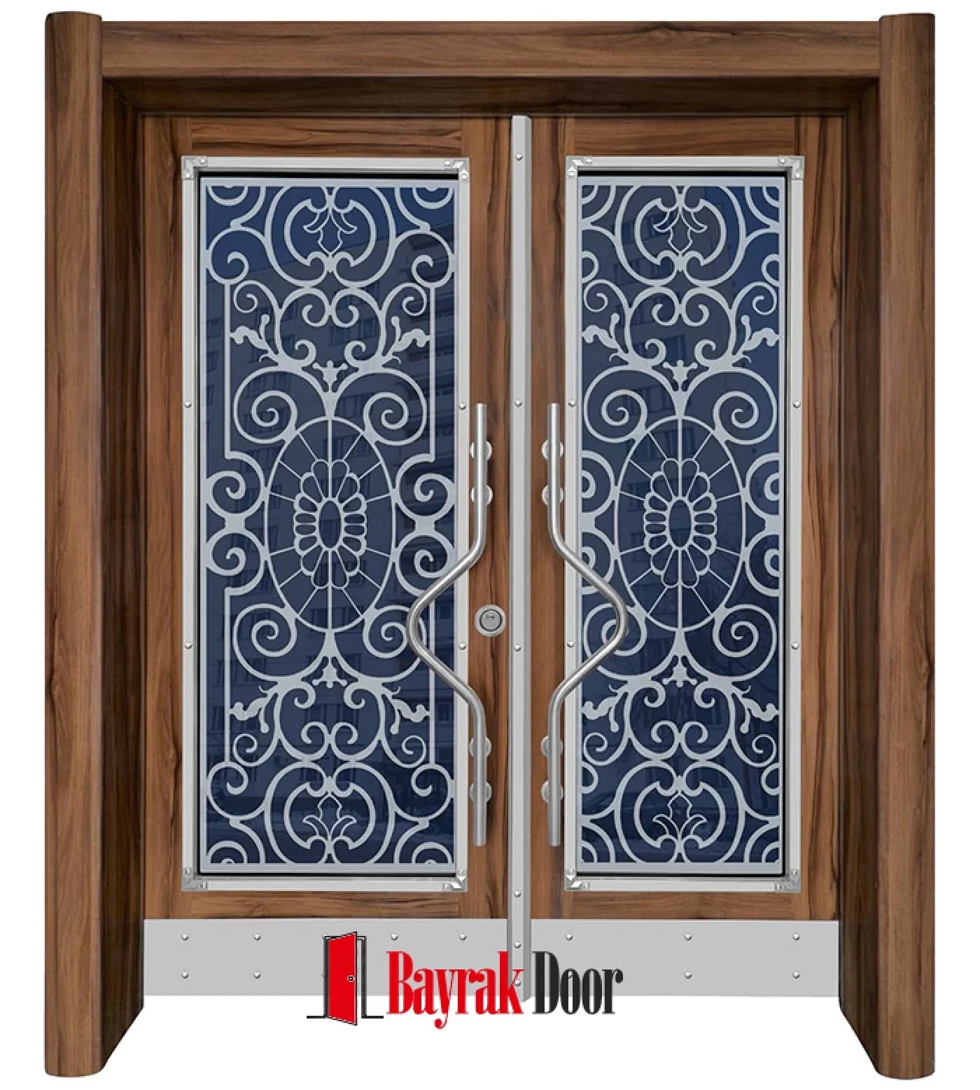 Simetrik Barok Ceviz Ahşap Bina Giriş Kapısı TR501 Simetrik Barok Ceviz Ahşap Bina Giriş Kapısı TR501 — Ceviz kaplama çift kanat üzerinde lacivert camlı beyaz ferforje barok