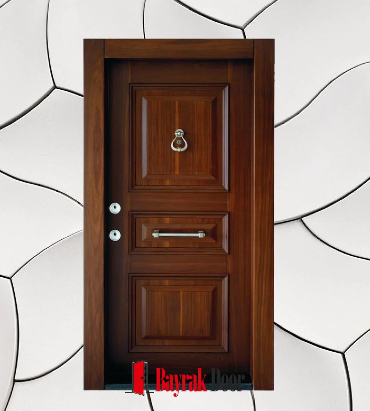 Üç Bölmeli Bal Rengi Ceviz Çelik Kapı C-TR731 Üç Bölmeli Bal Rengi Ceviz Çelik Kapı C-TR731 — Bal rengi ceviz üzerinde üç bölmeli dikey kaset panel