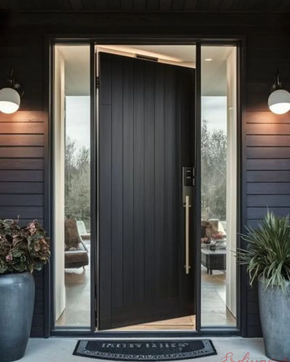 Dikey damarlı siyah yan camlı pivot villa kapısı modeli BY-339